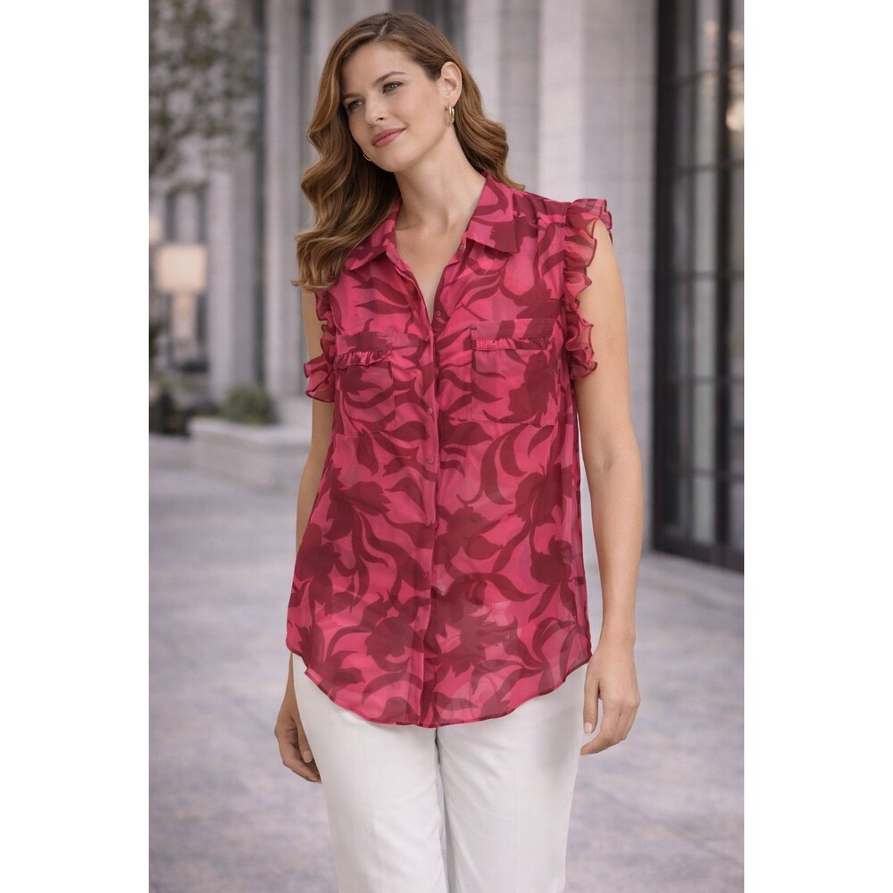 MISA Los Angeles Floral Ruffle‎ Sleeveless Blouse Pink Size M Made In USA